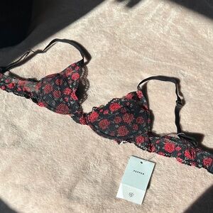 Pepper Black and Red Floral Lace Bra